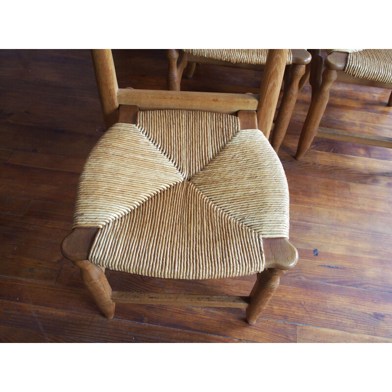 Juego de 6 sillas vintage de roble macizo y paja de Guillerme et Chambron para Votre Maison