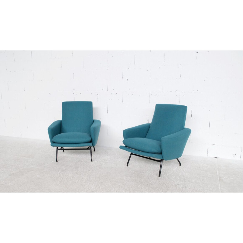 Pair of vintage blue armchairs by Pierre Guariche for Steiner, 1958