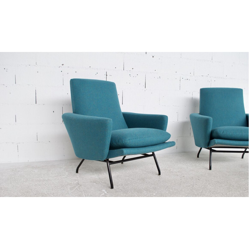 Pair of vintage blue armchairs by Pierre Guariche for Steiner, 1958