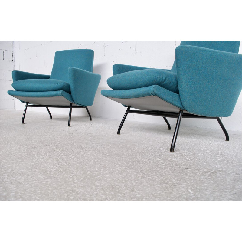 Pair of vintage blue armchairs by Pierre Guariche for Steiner, 1958