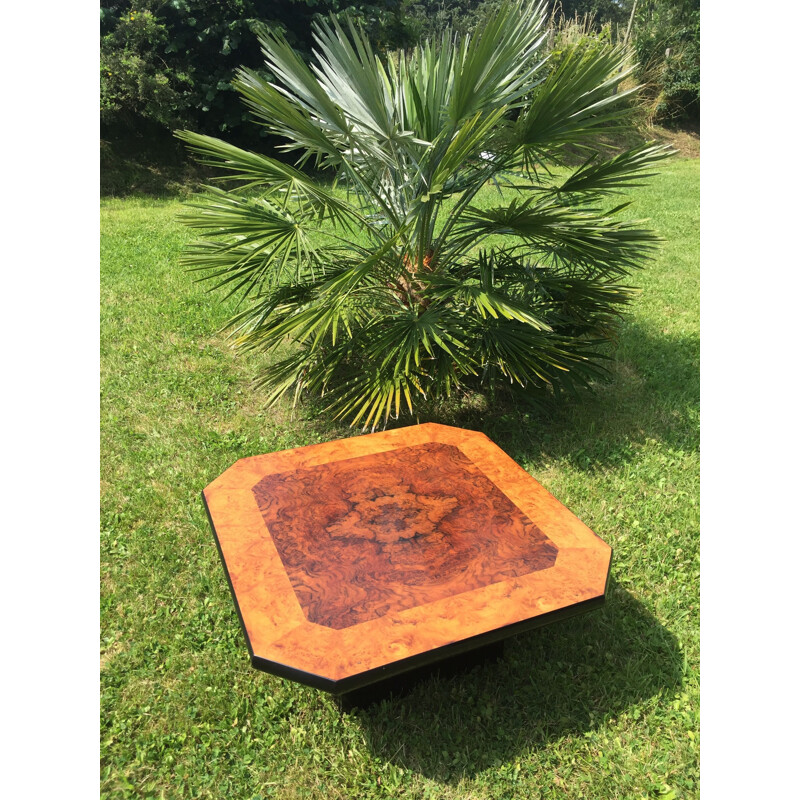 Vintage square coffee table in burr walnut by Mario Sabot, Italy 1970