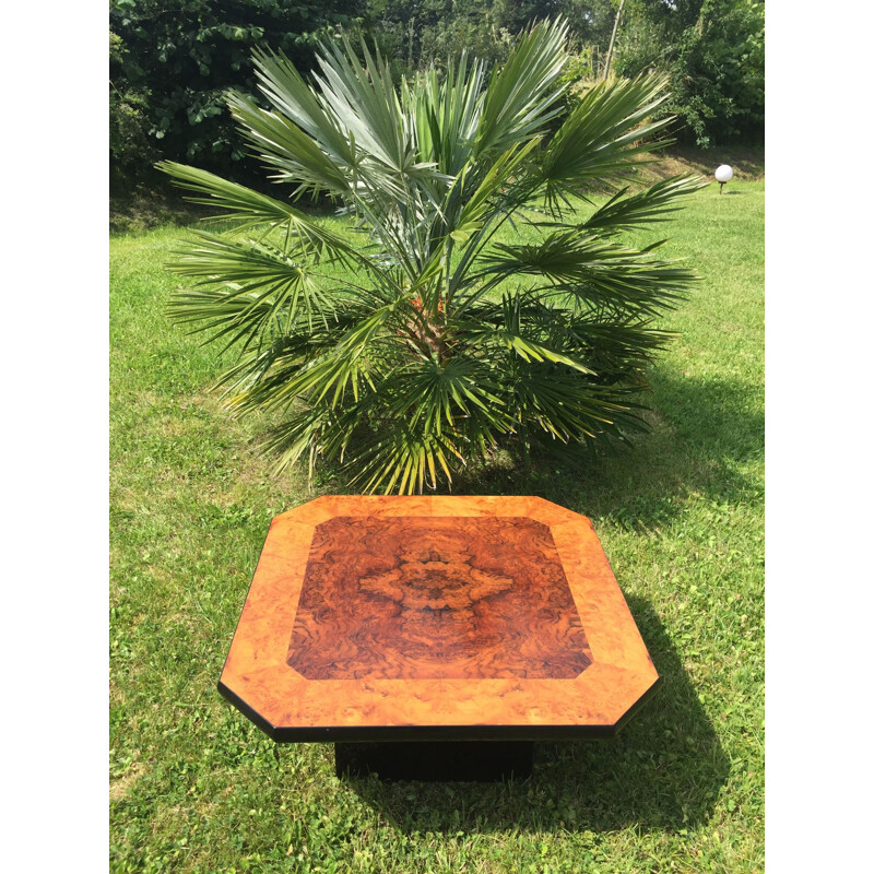 Vintage square coffee table in burr walnut by Mario Sabot, Italy 1970