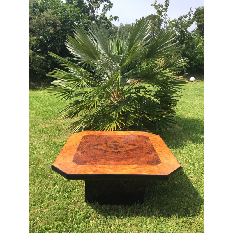 Vintage square coffee table in burr walnut by Mario Sabot, Italy 1970