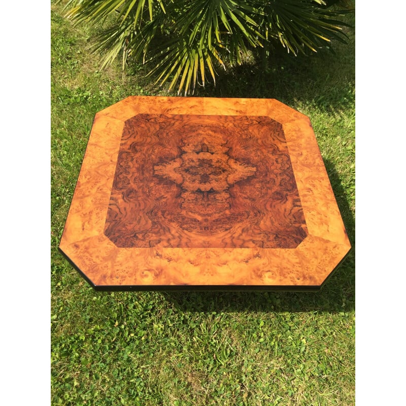 Vintage square coffee table in burr walnut by Mario Sabot, Italy 1970