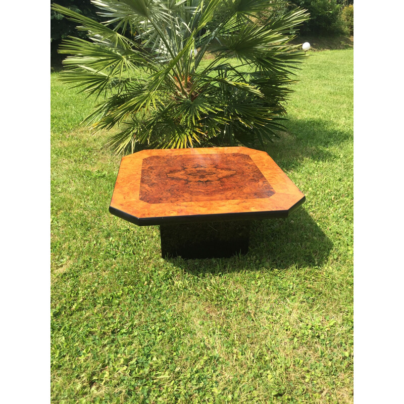 Vintage square coffee table in burr walnut by Mario Sabot, Italy 1970