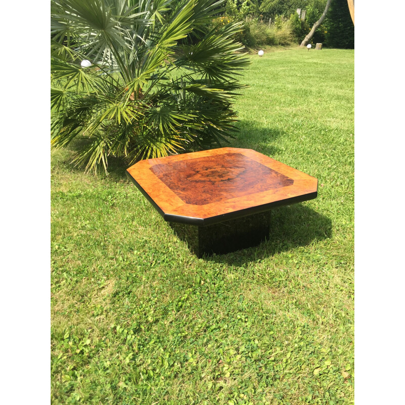 Vintage square coffee table in burr walnut by Mario Sabot, Italy 1970