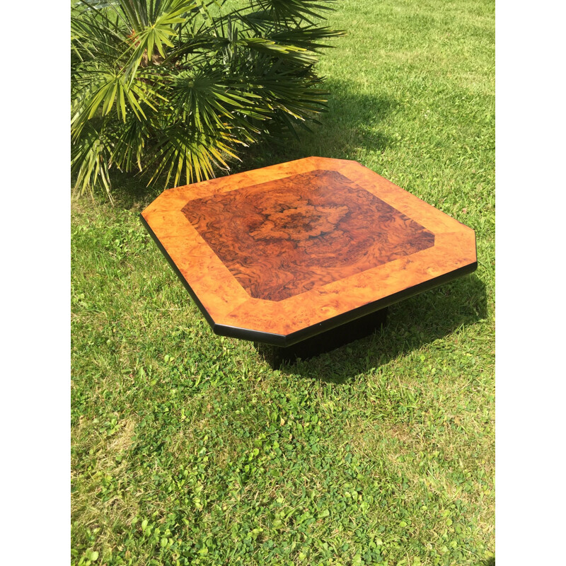 Vintage square coffee table in burr walnut by Mario Sabot, Italy 1970