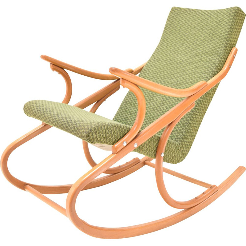 Chaise à bascule vintage en tissu et bois par Ton, Tchécoslovaquie 1970