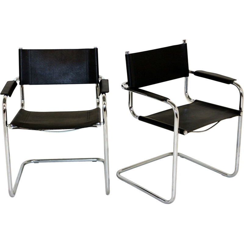 Pair of vintage leather and chrome tubular steel armchairs, 1990