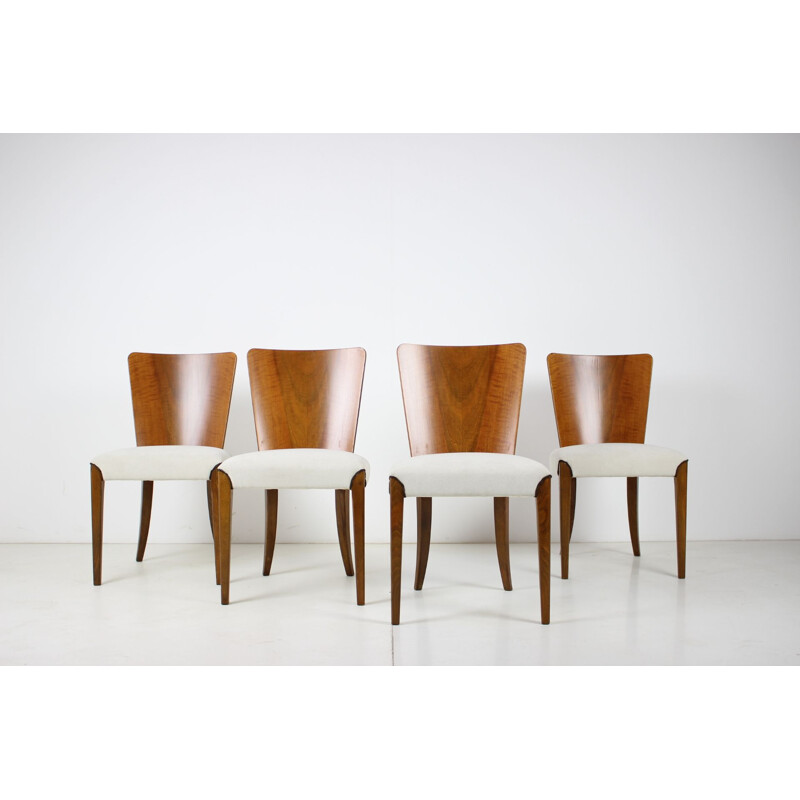 Set of 4 vintage wood and fabric dining chairs model H-214 by Jindřich Halabala, 1950s
