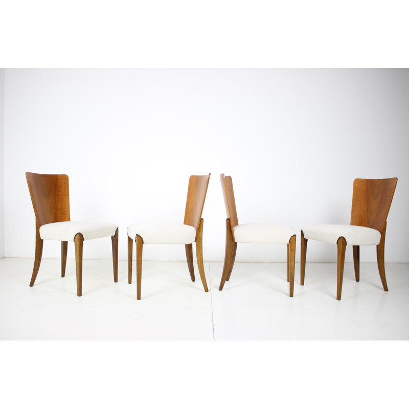 Set of 4 vintage wood and fabric dining chairs model H-214 by Jindřich Halabala, 1950s