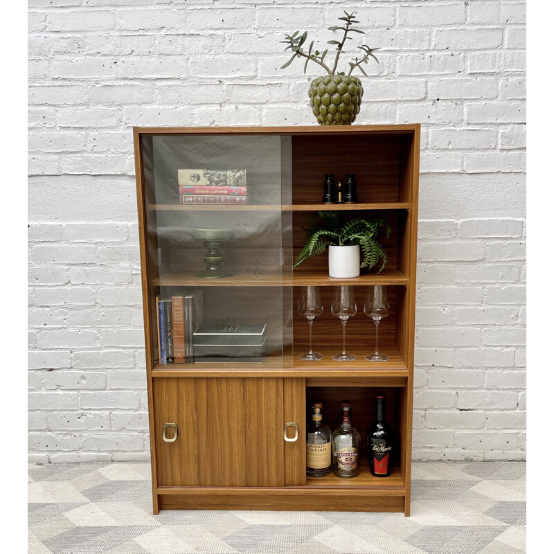 Vintage glass bookcase cupboard with sliding doors, 1970-1980