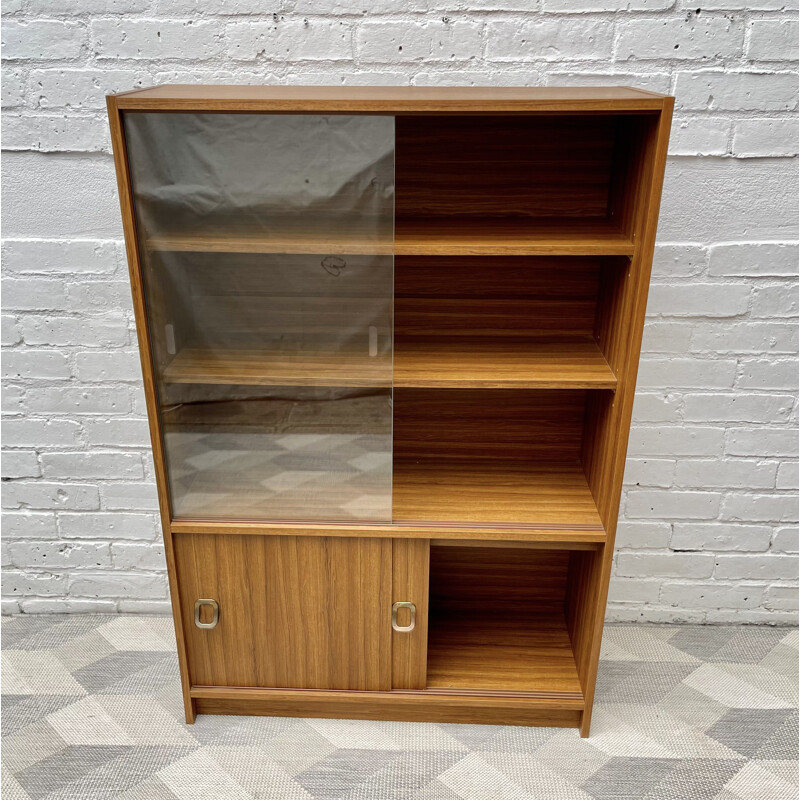 Vintage glass bookcase cupboard with sliding doors, 1970-1980