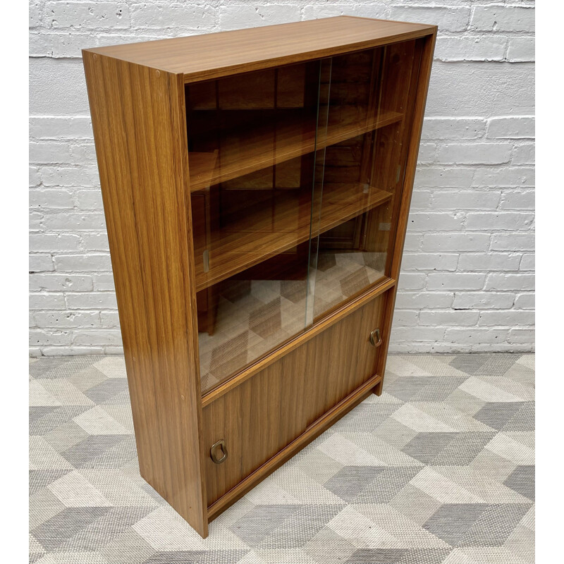 Vintage glass bookcase cupboard with sliding doors, 1970-1980