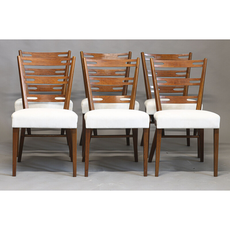 Set of 6 vintage teak and fabric dining chairs by Cesky nabytek, 1970s
