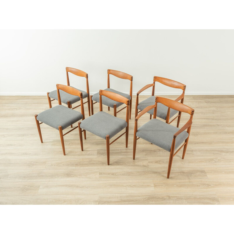Set of 6 mid century teak and grey fabric dining chairs by H.W. Klein for Bramin, 1960s
