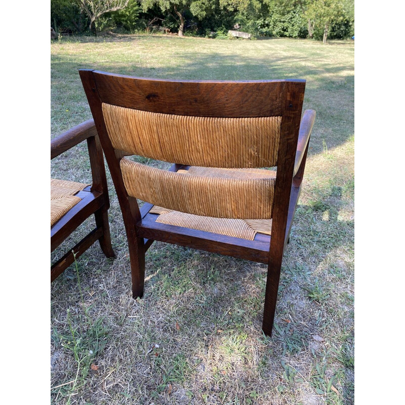 Set of 2 vintage Basque style straw armchairs, 1940