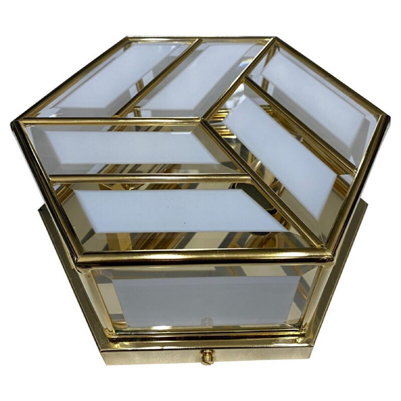 Lámpara de techo hexagonal italiana vintage de latón y cristal, 1970