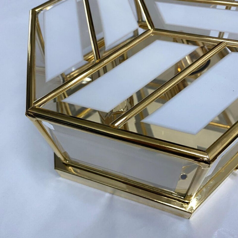 Mid-century brass and glass hexagonal Italian ceiling lamp, 1970s