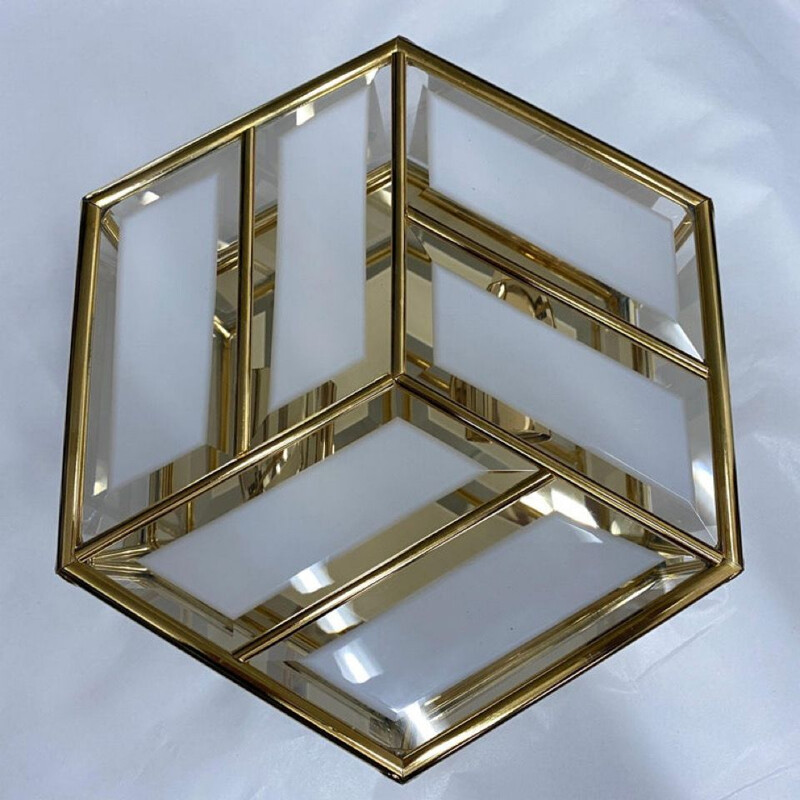 Mid-century brass and glass hexagonal Italian ceiling lamp, 1970s