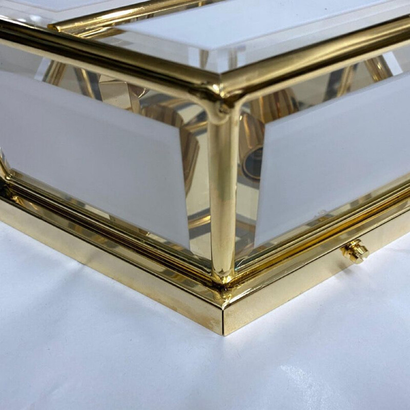 Mid-century brass and glass hexagonal Italian ceiling lamp, 1970s