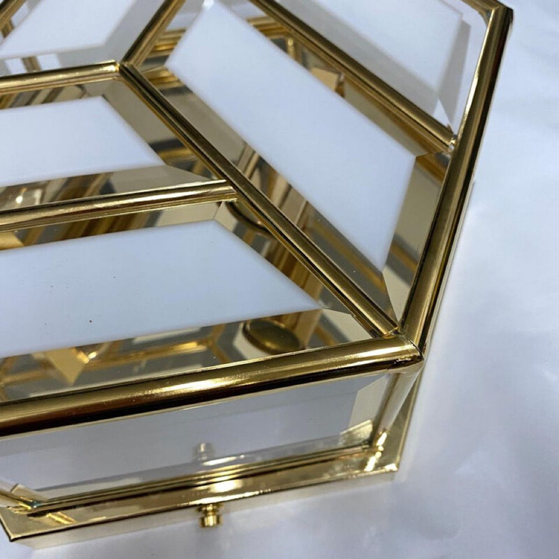 Mid-century brass and glass hexagonal Italian ceiling lamp, 1970s