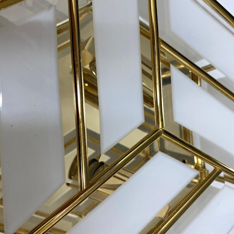 Mid-century brass and glass hexagonal Italian ceiling lamp, 1970s