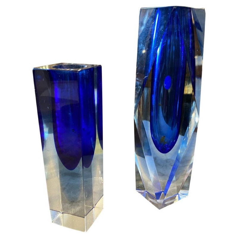 Pair of vintage modern blue Murano glass vases by Seguso, 1970s