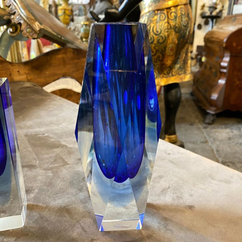 Paire de vases modernes vintage en verre de Murano bleu par Seguso, 1970