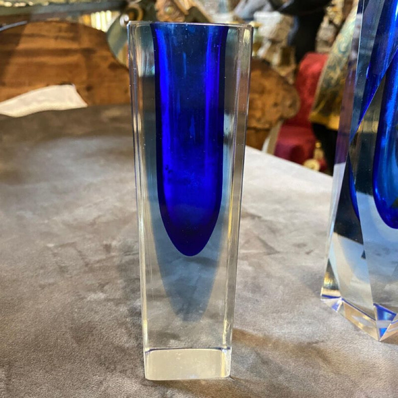 Pair of vintage modern blue Murano glass vases by Seguso, 1970s