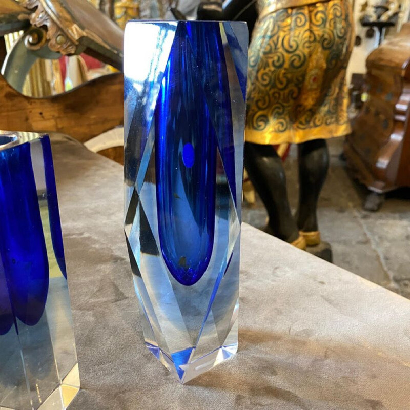 Pair of vintage modern blue Murano glass vases by Seguso, 1970s