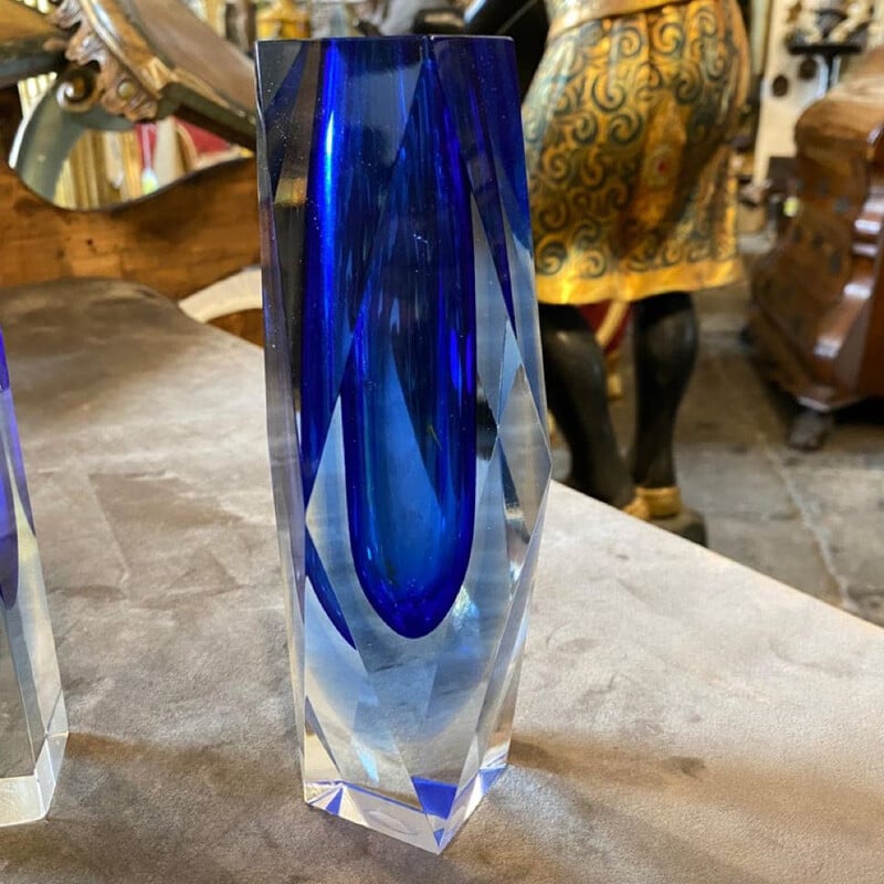 Pair of vintage modern blue Murano glass vases by Seguso, 1970s