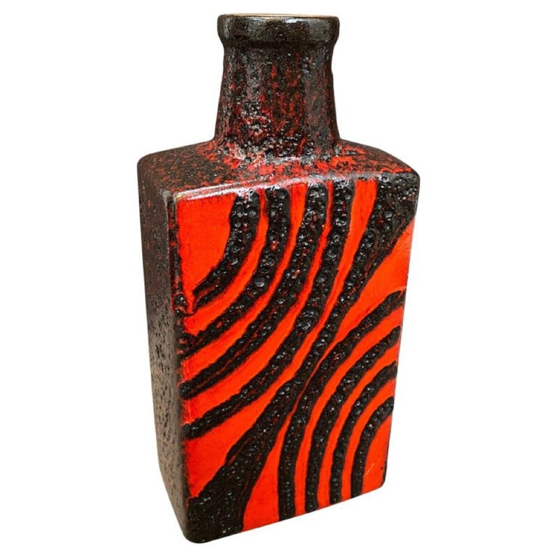 Vase vintage en forme de bouteille en lave rouge et noir, Allemagne 1970