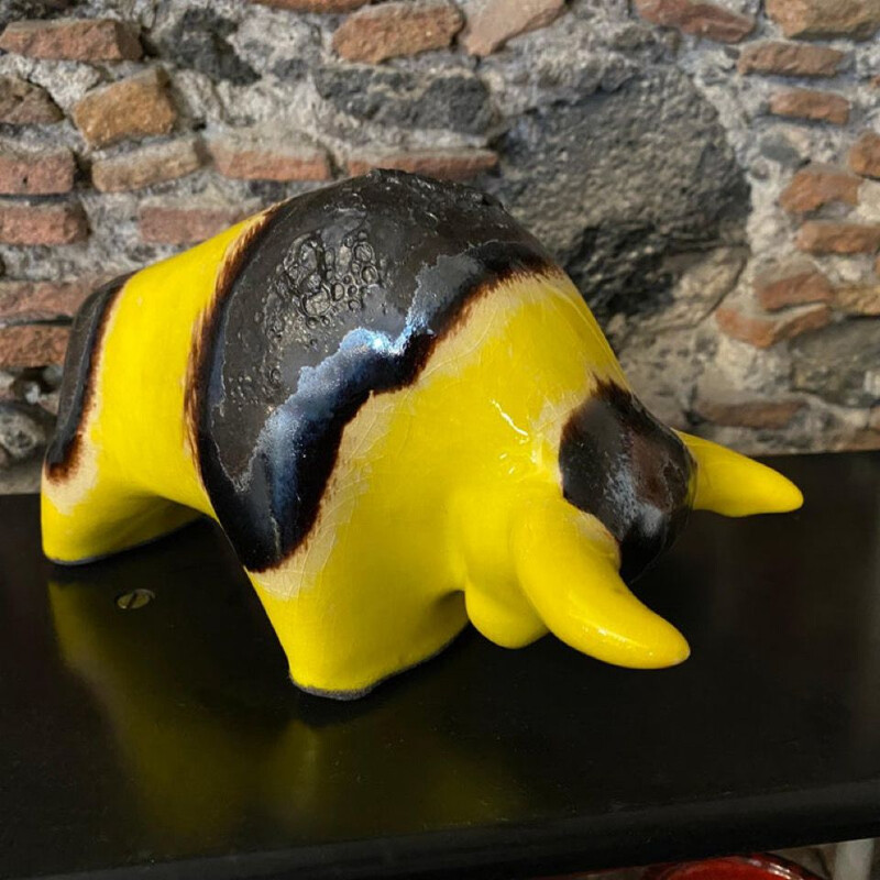 Vintage yellow and black fat lava ceramic bull by Otto Keramik, Germany 1970s