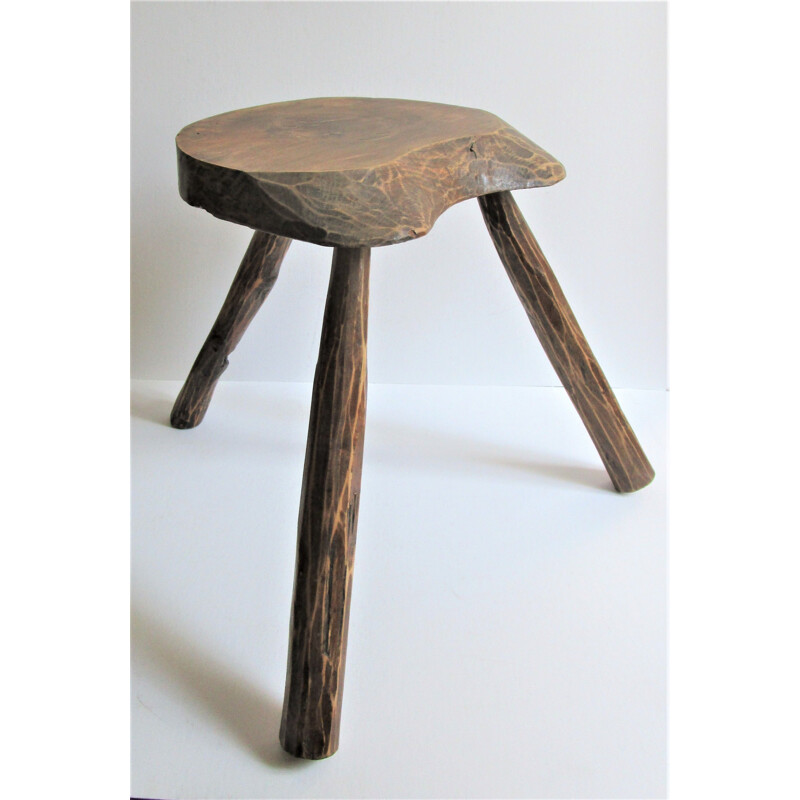 Vintage French folk art tripod milking stool in solid wood, 1950