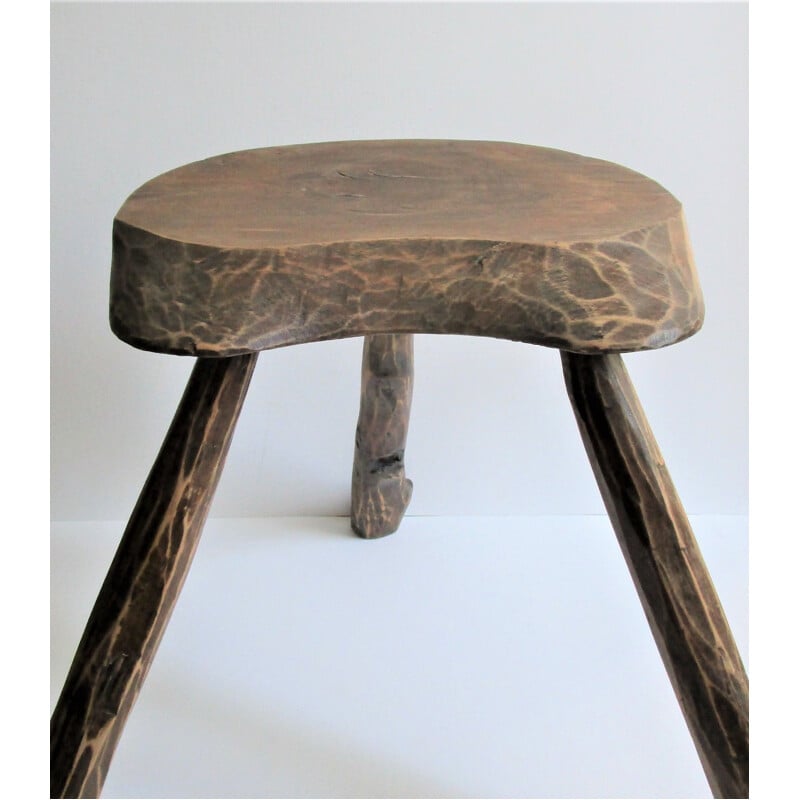 Vintage French folk art tripod milking stool in solid wood, 1950