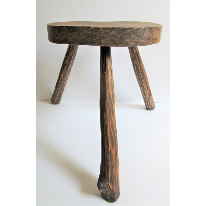Vintage French folk art tripod milking stool in solid wood, 1950