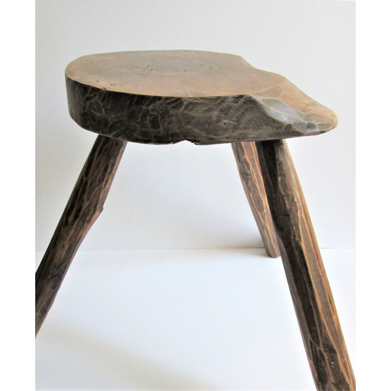 Vintage French folk art tripod milking stool in solid wood, 1950