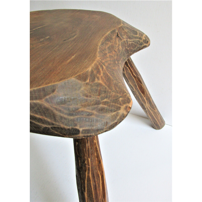 Vintage French folk art tripod milking stool in solid wood, 1950