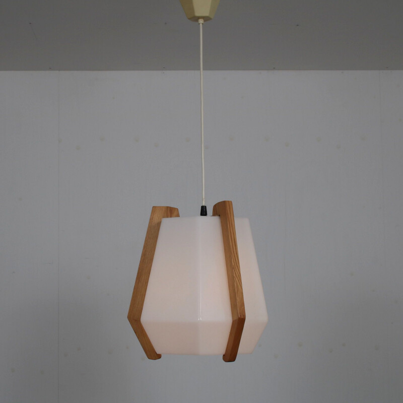 Vintage wooden suspension with plexiglass shade by Rudolf Döffler, Germany 1970