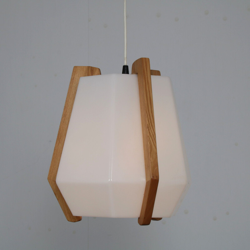 Vintage wooden suspension with plexiglass shade by Rudolf Döffler, Germany 1970