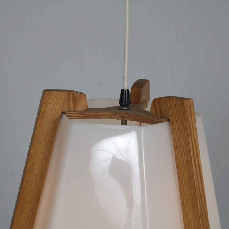 Vintage houten hanglamp met plexiglas kap van Rudolf Döffler, Duitsland 1970