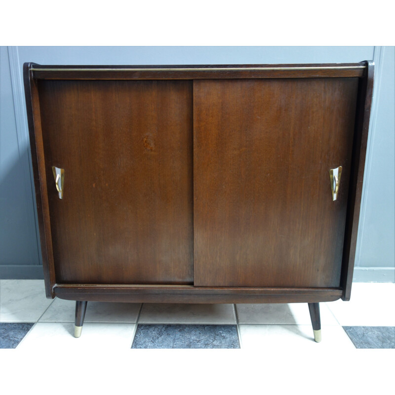 Vintage dark wood sideboard with sliding doors, 1960