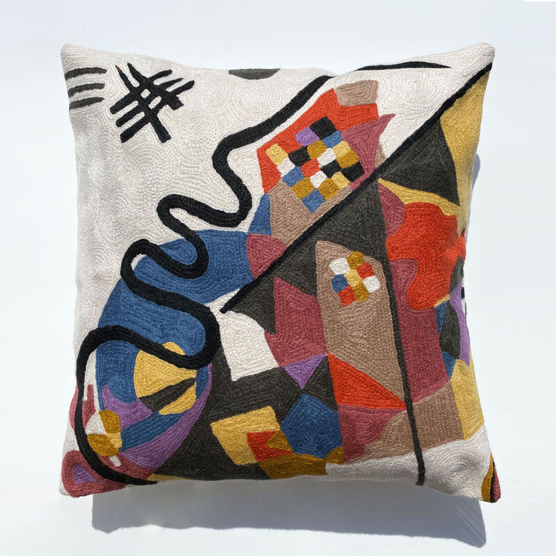 Ensemble de 4 housses de coussins multicolores vintage en laine brodée motifs abstraits