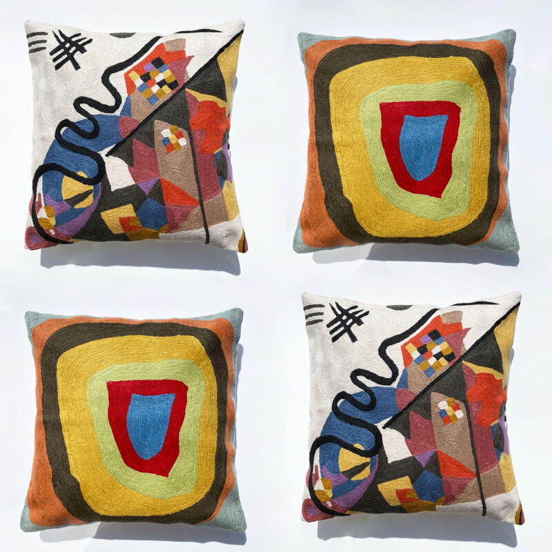 Set of 4 multi-coloured vintage wool cushion covers with embroidered abstract motifs