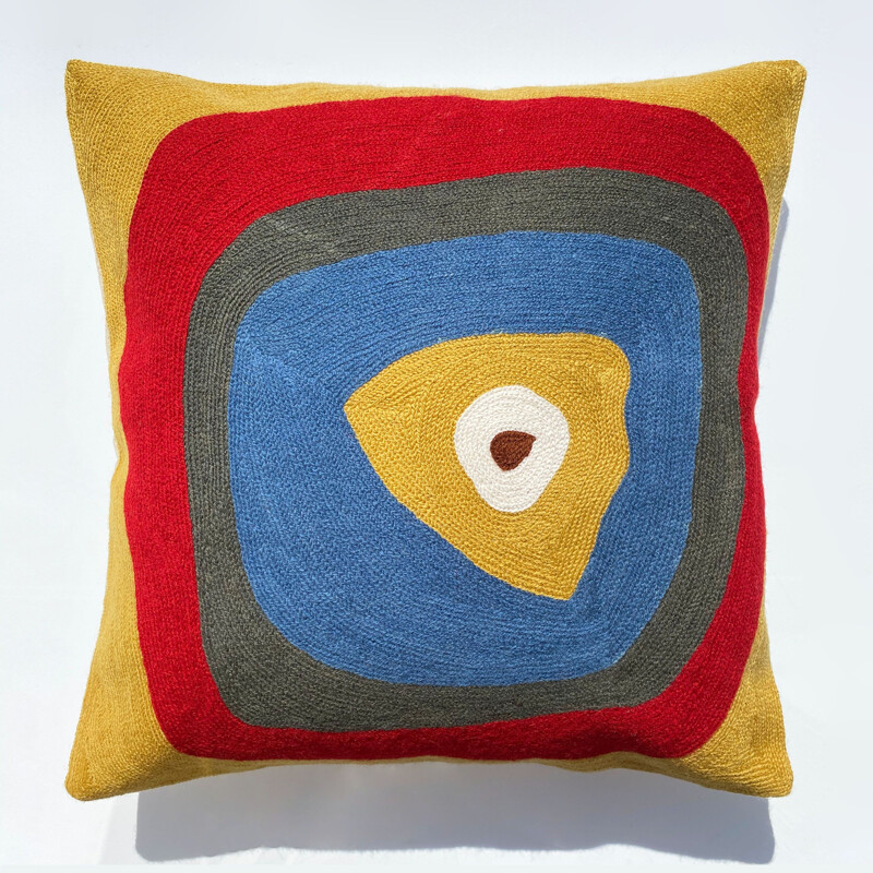 Set of 4 mid century multicoloured wool cushion covers with abstract embroidery