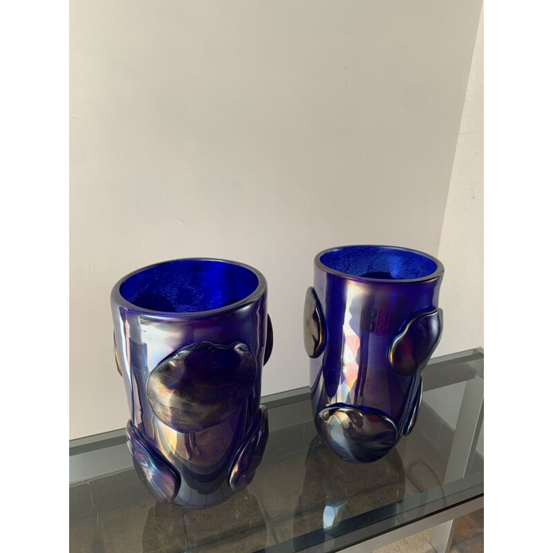 Pair of vintage blue vases with Murano glass pastilles by Costantini, 1990
