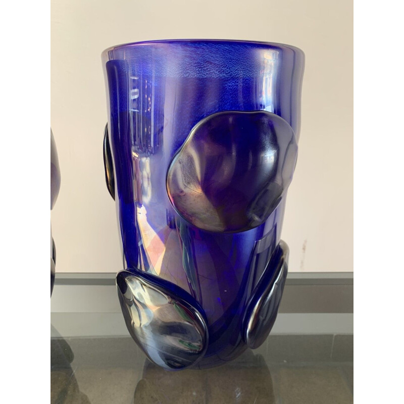 Paire de vases vintage bleus avec pastilles en verre de Murano de Costantini, 1990
