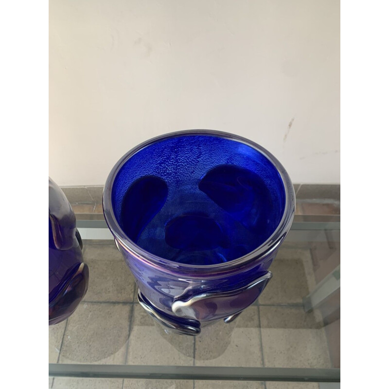 Pair of vintage blue vases with Murano glass pastilles by Costantini, 1990