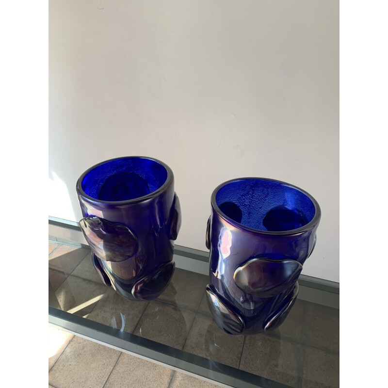 Ein Paar blaue Vintage-Vasen mit Muranoglas-Pads von Costantini, 1990